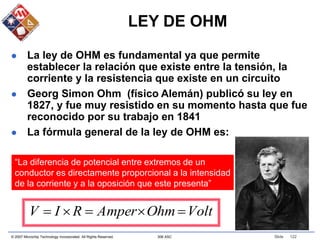 © 2007 Microchip Technology Incorporated. All Rights Reserved. 306 ASC Slide 122
LEY DE OHM
 La ley de OHM es fundamental ya que permite
establecer la relación que existe entre la tensión, la
corriente y la resistencia que existe en un circuito
 Georg Simon Ohm (físico Alemán) publicó su ley en
1827, y fue muy resistido en su momento hasta que fue
reconocido por su trabajo en 1841
 La fórmula general de la ley de OHM es:
Volt
Ohm
Amper
R
I
V 




“La diferencia de potencial entre extremos de un
conductor es directamente proporcional a la intensidad
de la corriente y a la oposición que este presenta”
 