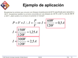 © 2007 Microchip Technology Incorporated. All Rights Reserved. 306 ASC Slide 139
Ejemplo de aplicación
A
V
W
I
A
V
W
I
A
V
W
I
V
P
I
I
V
P
5
,
2
120
300
25
,
1
120
150
5
,
0
120
60











 