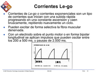 © 2007 Microchip Technology Incorporated. All Rights Reserved. 306 ASC Slide 20
Corrientes Le-go
 Corrientes de Le-go o corrientes exponenciales son un tipo
de corrientes que inician con una subida rápida
progresando en una constante ascensión y caen
bruscamente, repitiendo nuevamente un ciclo.
 Pueden excitar de forma selectiva la fibra muscular
denervada.
 Con un electrodo sobre el punto motor o en forma bipolar
longitudinal se aplican impulsos que pueden oscilar entre
los 200 a 500 ms. y pausas de 2.000 ms.
 