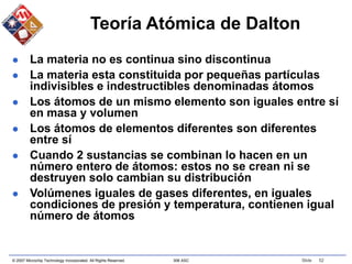 © 2007 Microchip Technology Incorporated. All Rights Reserved. 306 ASC Slide 52
Teoría Atómica de Dalton
 La materia no es continua sino discontinua
 La materia esta constituida por pequeñas partículas
indivisibles e indestructibles denominadas átomos
 Los átomos de un mismo elemento son iguales entre sí
en masa y volumen
 Los átomos de elementos diferentes son diferentes
entre sí
 Cuando 2 sustancias se combinan lo hacen en un
número entero de átomos: estos no se crean ni se
destruyen solo cambian su distribución
 Volúmenes iguales de gases diferentes, en iguales
condiciones de presión y temperatura, contienen igual
número de átomos
 