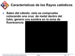 © 2007 Microchip Technology Incorporated. All Rights Reserved. 306 ASC Slide 68
Características de los Rayos catódicos
 Salen del cátodo: esto se comprueba
colocando una cruz de metal dentro del
tubo, genera una sombra en la zona de
fluorecencia
 