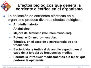 © 2007 Microchip Technology Incorporated. All Rights Reserved. 306 ASC Slide 7
Efectos biológicos que genera la
corriente eléctrica en el organismo
 La aplicación de corrientes eléctricas en el
organismo produce diversos efectos biológicos:
– Anti-inflamatorio.
– Analgésico.
– Mejora del trofismo (volúmen muscular).
– Potenciación neuro-muscular.
– Térmico, en el caso de electroterapia de alta
frecuencia.
– Bactericida y Antiviral de amplio espectro en el
caso de la terapia de frecuencias medias
– Permite la introducir medicamentos sin tener que
perforar la epidermis
 