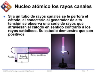 © 2007 Microchip Technology Incorporated. All Rights Reserved. 306 ASC Slide 71
Nucleo atómico los rayos canales
 Si a un tubo de rayos canales se le perfora el
cátodo, al conectarlo al generador de alta
tensión se observa una serie de rayos que
atraviesan el cátodo en sentido contrario a los
rayos catódicos. Su estudio demuestra que son
positivos
 