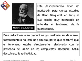 © 2007 Microchip Technology Incorporated. All Rights Reserved. 306 ASC Slide 76
Este descubrimiento sirvió de
motivación para ciertos estudios
de Henri Becquerel, en París, el
cual estaba muy interesado en
entender el fenómeno de la
fluorescencia.
Esas radiaciones eran producidas por cualquier sal de uranio,
fosforescente o no, con luz o sin ella, por lo que concluyó que
el fenómeno estaba directamente relacionado con la
presencia de uranio en los compuestos. Becquerel había
descubierto la radiactividad.
HENRI BEQUEREL
 