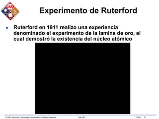 © 2007 Microchip Technology Incorporated. All Rights Reserved. 306 ASC Slide 81
Experimento de Ruterford
 Ruterford en 1911 realizo una experiencia
denominado el experimento de la lamina de oro, el
cual demostró la existencia del núcleo atómico
 
