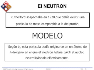 © 2007 Microchip Technology Incorporated. All Rights Reserved. 306 ASC Slide 84
Rutherford sospechaba en 1920,que debía existir una
partícula de masa comparable a la del protón.
Según él, esta partícula podía originarse en un átomo de
hidrógeno en el que el electrón habría caído al núcleo
neutralizándolo eléctricamente.
MODELO
El NEUTRON
 