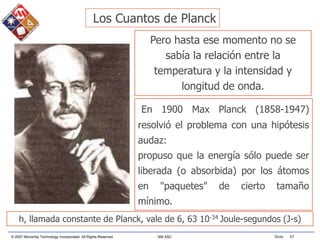 © 2007 Microchip Technology Incorporated. All Rights Reserved. 306 ASC Slide 87
Pero hasta ese momento no se
sabía la relación entre la
temperatura y la intensidad y
longitud de onda.
En 1900 Max Planck (1858-1947)
resolvió el problema con una hipótesis
audaz:
propuso que la energía sólo puede ser
liberada (o absorbida) por los átomos
en "paquetes" de cierto tamaño
mínimo.
h, llamada constante de Planck, vale de 6, 63 10-34 Joule-segundos (J-s)
Los Cuantos de Planck
 
