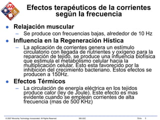 © 2007 Microchip Technology Incorporated. All Rights Reserved. 306 ASC Slide 9
Efectos terapéuticos de la corrientes
según la frecuencia
 Relajación muscular
– Se produce con frecuencias bajas, alrededor de 10 Hz
 Influencia en la Regeneración Hística
– La aplicación de corrientes genera un estímulo
circulatorio con llegada de nutrientes y oxígeno para la
reparación de tejido, se produce una influencia biofísica
que estimula el metabolismo celular hacia la
multiplicación celular. Esto esta favorecido por la
inhibición del crecimiento bacteriano. Estos efectos se
producen a 150Hz.
 Efectos Térmicos
– La circulación de energía eléctrica en los tejidos
produce calor (ley de Joule). Este efecto es mas
evidente cuando se emplean corrientes de alta
frecuencia (mas de 500 KHz)
 