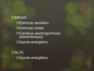 MEDIA
Estímulo sensitivo
Estímulo motor
Cambios electroquímicos
(electroforesis)
Aporte energético
ALTA
Aporte energético

 