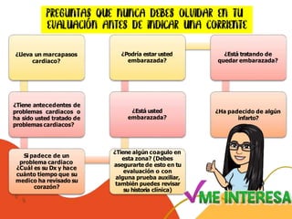 ¿Lleva un marcapasos
cardiaco?
¿Tiene antecedentes de
problemas cardiacos o
ha sido usted tratado de
problemas cardiacos?
Si padece de un
problema cardiaco
¿Cuál es su Dx y hace
cuánto tiempo que su
medico ha revisado su
corazón?
¿Tiene algún coagulo en
esta zona? (Debes
asegurarte de esto en tu
evaluación o con
alguna prueba auxiliar,
también puedes revisar
su historia clínica)
¿Está usted
embarazada?
¿Podría estar usted
embarazada?
¿Está tratando de
quedar embarazada?
¿Ha padecido de algún
infarto?
 