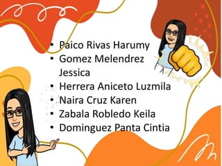 • Paico Rivas Harumy
• Gomez Melendrez
Jessica
• Herrera Aniceto Luzmila
• Naira Cruz Karen
• Zabala Robledo Keila
• Dominguez Panta Cintia
 