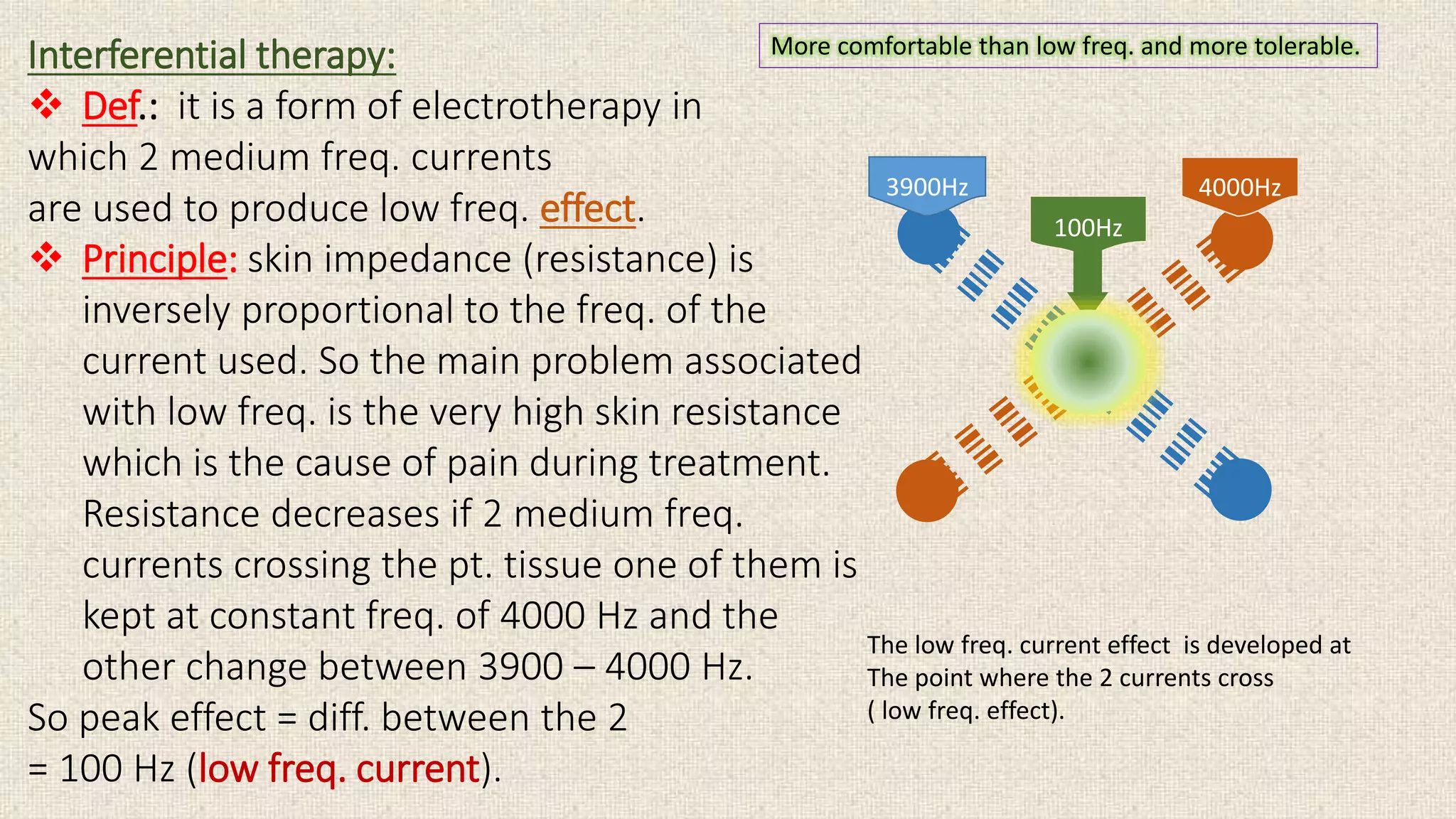 Interferential therapy: 
 Def.: it is a form of electrotherapy in 
which 2 medium freq. currents 
are used to produce low freq. effect. 
 Principle: skin impedance (resistance) is 
More comfortable than low freq. and more tolerable. 
inversely proportional to the freq. of the 
current used. So the main problem associated 
with low freq. is the very high skin resistance 
which is the cause of pain during treatment. 
Resistance decreases if 2 medium freq. 
currents crossing the pt. tissue one of them is 
kept at constant freq. of 4000 Hz and the 
other change between 3900 – 4000 Hz. 
So peak effect = diff. between the 2 
= 100 Hz (low freq. current). 
3900Hz 4000Hz 
100Hz 
The low freq. current effect is developed at 
The point where the 2 currents cross 
( low freq. effect). 
 