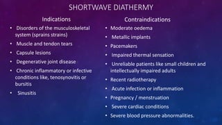 SHORTWAVE DIATHERMY
Indications
• Disorders of the musculoskeletal
system (sprains strains)
• Muscle and tendon tears
• Capsule lesions
• Degenerative joint disease
• Chronic inflammatory or infective
conditions like, tenosynovitis or
bursitis
• Sinusitis
Contraindications
• Moderate oedema
• Metallic implants
• Pacemakers
• Impaired thermal sensation
• Unreliable patients like small children and
intellectually impaired adults
• Recent radiotherapy
• Acute infection or inflammation
• Pregnancy / menstruation
• Severe cardiac conditions
• Severe blood pressure abnormalities.
 