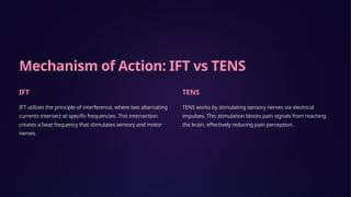 Mechanism of Action: IFT vs TENS
IFT
IFT utilizes the principle of interference, where two alternating
currents intersect at specific frequencies. This intersection
creates a beat frequency that stimulates sensory and motor
nerves.
TENS
TENS works by stimulating sensory nerves via electrical
impulses. This stimulation blocks pain signals from reaching
the brain, effectively reducing pain perception.
 