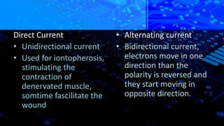 Direct Current
• Unidirectional current
• Used for iontopherosis,
stimulating the
contraction of
denervated muscle,
somtime fascilitate the
wound
• Alternating current
• Bidirectional current,
electrons move in one
direction than the
polarity is reversed and
they start moving in
opposite direction.
 