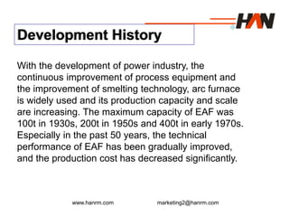 www.hanrm.com marketing2@hanrm.com
Development History
With the development of power industry, the
continuous improvement of process equipment and
the improvement of smelting technology, arc furnace
is widely used and its production capacity and scale
are increasing. The maximum capacity of EAF was
100t in 1930s, 200t in 1950s and 400t in early 1970s.
Especially in the past 50 years, the technical
performance of EAF has been gradually improved,
and the production cost has decreased significantly.
 
