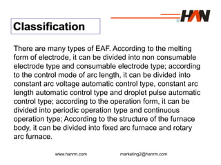 www.hanrm.com marketing2@hanrm.com
Classification
There are many types of EAF. According to the melting
form of electrode, it can be divided into non consumable
electrode type and consumable electrode type; according
to the control mode of arc length, it can be divided into
constant arc voltage automatic control type, constant arc
length automatic control type and droplet pulse automatic
control type; according to the operation form, it can be
divided into periodic operation type and continuous
operation type; According to the structure of the furnace
body, it can be divided into fixed arc furnace and rotary
arc furnace.
 