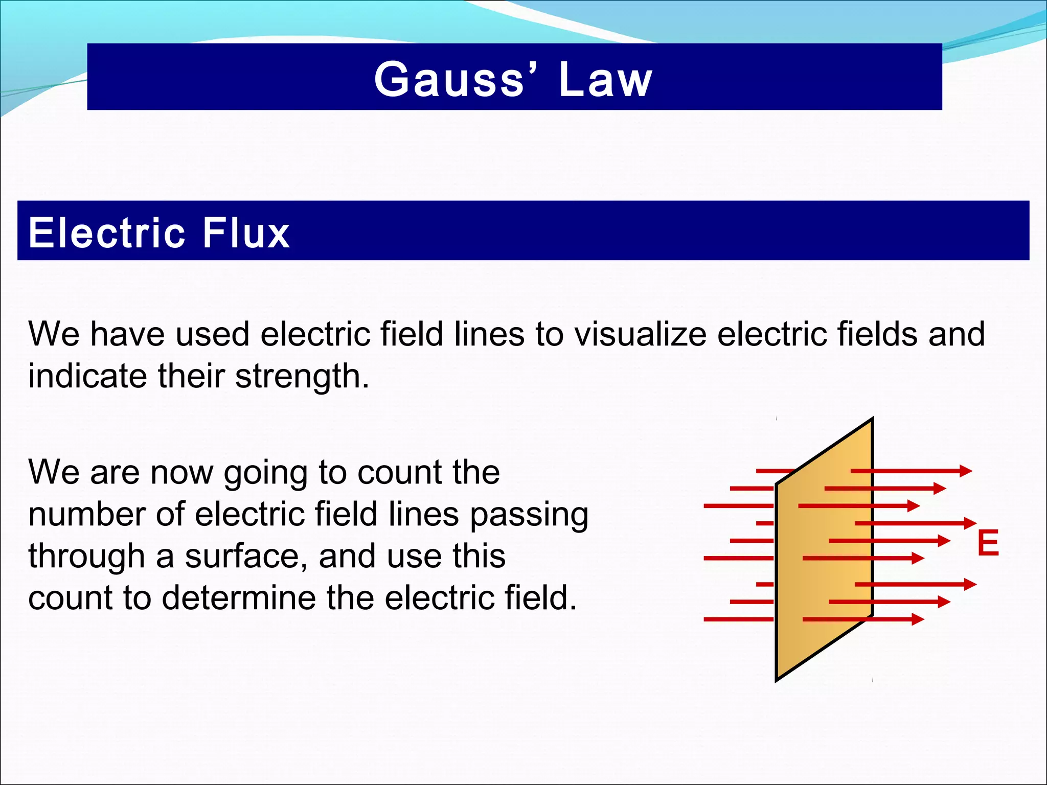 Gauss’ Law
Electric Flux
We have used electric field lines to visualize electric fields and
indicate their strength.
We are now going to count the
number of electric field lines passing
through a surface, and use this
count to determine the electric field.
E
 