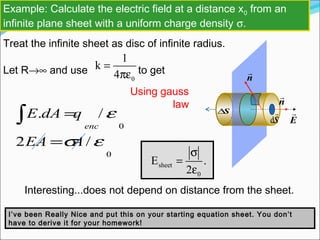 Example: Calculate the electric field at a distance x0 from an
infinite plane sheet with a uniform charge density σ.
Treat the infinite sheet as disc of infinite radius.
Let R→∞ and use to get
0
1
k
4
=
πε
sheet
0
E .
2
σ
=
ε
Interesting...does not depend on distance from the sheet.
I’ve been Really Nice and put this on your starting equation sheet. You don’t
have to derive it for your homework!
S∆
S

d E

n

n

Using gauss
law
0
0
/2
/.
εσ
ε
AEA
qdAE
enc
=
=∫
 