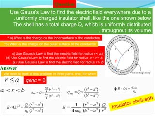 Question
Use Gauss's Law to find the electric field everywhere due to a
uniformly charged insulator shell, like the one shown below.
The shell has a total charge Q, which is uniformly distributed
throughout its volume.
(c) Use Gauss's Law to find the electric field for radius r < a.
(d) Use Gauss's Law to find the electric field for radius a < r < b.
(e) Use Gauss's Law to find the electric field for radius r > b.
(a) What is the charge on the inner surface of the conductor?
(b) What is the charge on the outer surface of the conductor?
We need to look at this problem in three parts: one, for when
Answer
qenc = 0
r
Insulator shell-sph
 