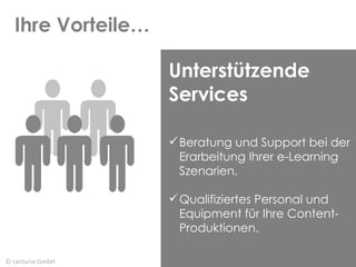 Ihre Vorteile… © Lecturio GmbH Unterstützende Services Beratung und Support bei der Erarbeitung Ihrer e-Learning Szenarien. Qualifiziertes Personal und Equipment für Ihre Content-Produktionen. 