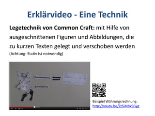 Erklärvideo - Eine Technik
Legetechnik von Common Craft: mit Hilfe von
ausgeschnittenen Figuren und Abbildungen, die
zu kurzen Texten gelegt und verschoben werden
(Achtung: Stativ ist notwendig)
Beispiel Währungsrechnung:
http://youtu.be/ZtSiMbx9Gyg
 