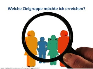 Welche Zielgruppe möchte ich erreichen?
Quelle: http://pixabay.com/en/customer-family-magnifying-glass-563967/
 