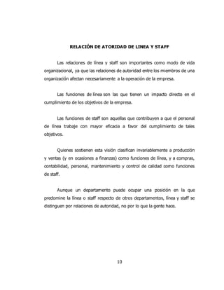 RELACIÓN DE ATORIDAD DE LINEA Y STAFF
Las relaciones de línea y staff son importantes como modo de vida
organizacional, ya que las relaciones de autoridad entre los miembros de una
organización afectan necesariamente a la operación de la empresa.
Las funciones de línea son las que tienen un impacto directo en el
cumplimiento de los objetivos de la empresa.
Las funciones de staff son aquellas que contribuyen a que el personal
de línea trabaje con mayor eficacia a favor del cumplimiento de tales
objetivos.
Quienes sostienen esta visión clasifican invariablemente a producción
y ventas (y en ocasiones a finanzas) como funciones de línea, y a compras,
contabilidad, personal, mantenimiento y control de calidad como funciones
de staff.
Aunque un departamento puede ocupar una posición en la que
predomine la línea o staff respecto de otros departamentos, línea y staff se
distinguen por relaciones de autoridad, no por lo que la gente hace.
10
 