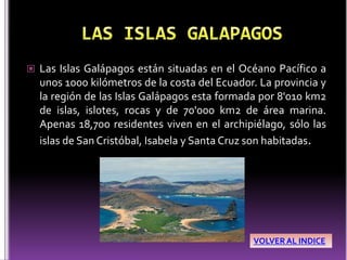  Las Islas Galápagos están situadas en el Océano Pacífico a
  unos 1000 kilómetros de la costa del Ecuador. La provincia y
  la región de las Islas Galápagos esta formada por 8'010 km2
  de islas, islotes, rocas y de 70'000 km2 de área marina.
  Apenas 18,700 residentes viven en el archipiélago, sólo las
  islas de San Cristóbal, Isabela y Santa Cruz son habitadas.




                                              VOLVER AL INDICE
 