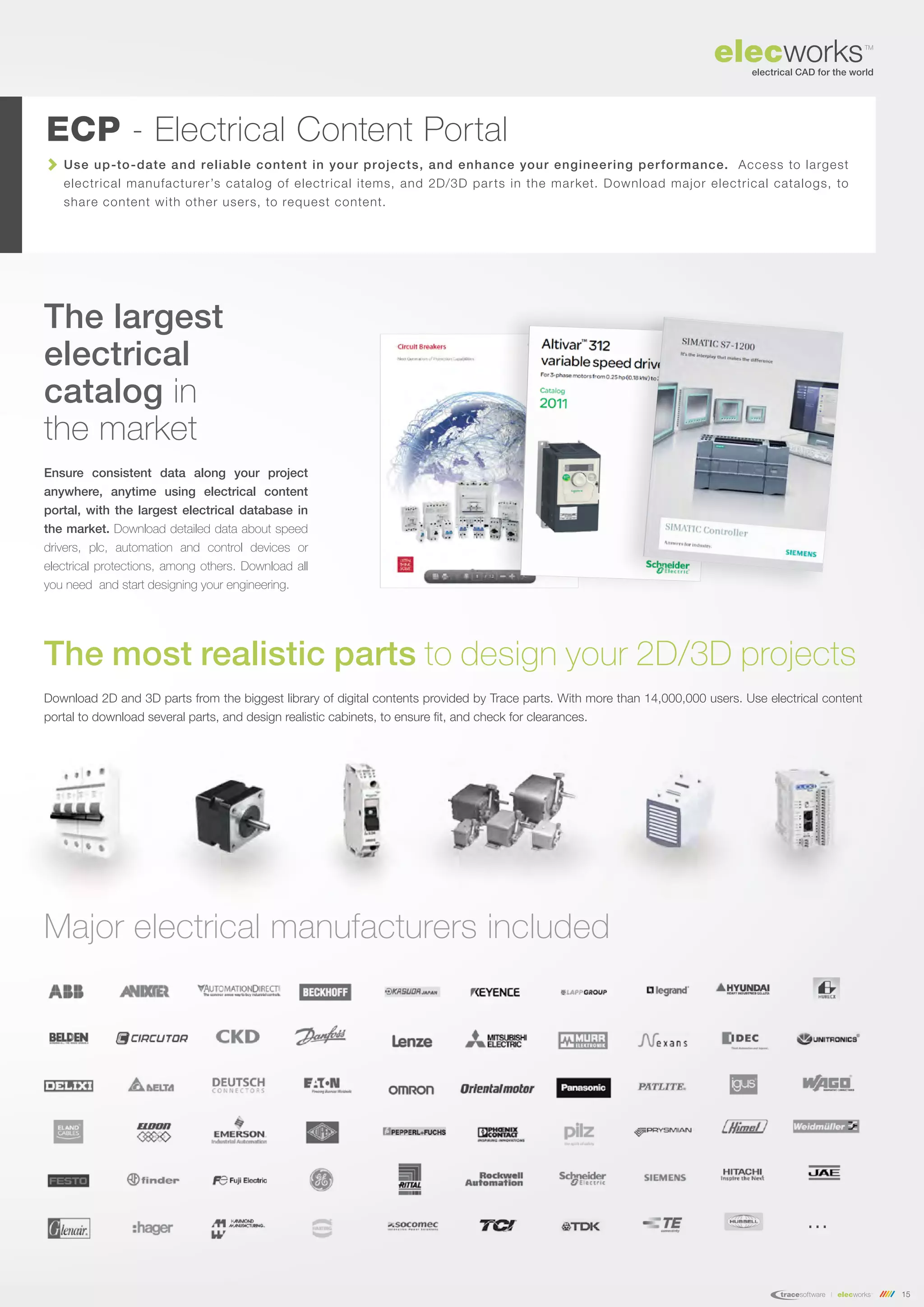 15
The largest
electrical
catalog in
the market
Ensure consistent data along your project
anywhere, anytime using electrical content
portal, with the largest electrical database in
the market. Download detailed data about speed
drivers, plc, automation and control devices or
electrical protections, among others. Download all
you need and start designing your engineering.
Use up-to-date and reliable content in your projects, and enhance your engineering performance. Access to largest
electrical manufacturer’s catalog of electrical items, and 2D/3D parts in the market. Download major electrical catalogs, to
share content with other users, to request content.
ECP - Electrical Content Portal
Major electrical manufacturers included
The most realistic parts to design your 2D/3D projects
Download 2D and 3D parts from the biggest library of digital contents provided by Trace parts. With more than 14,000,000 users. Use electrical content
portal to download several parts, and design realistic cabinets, to ensure fit, and check for clearances.
...
 
