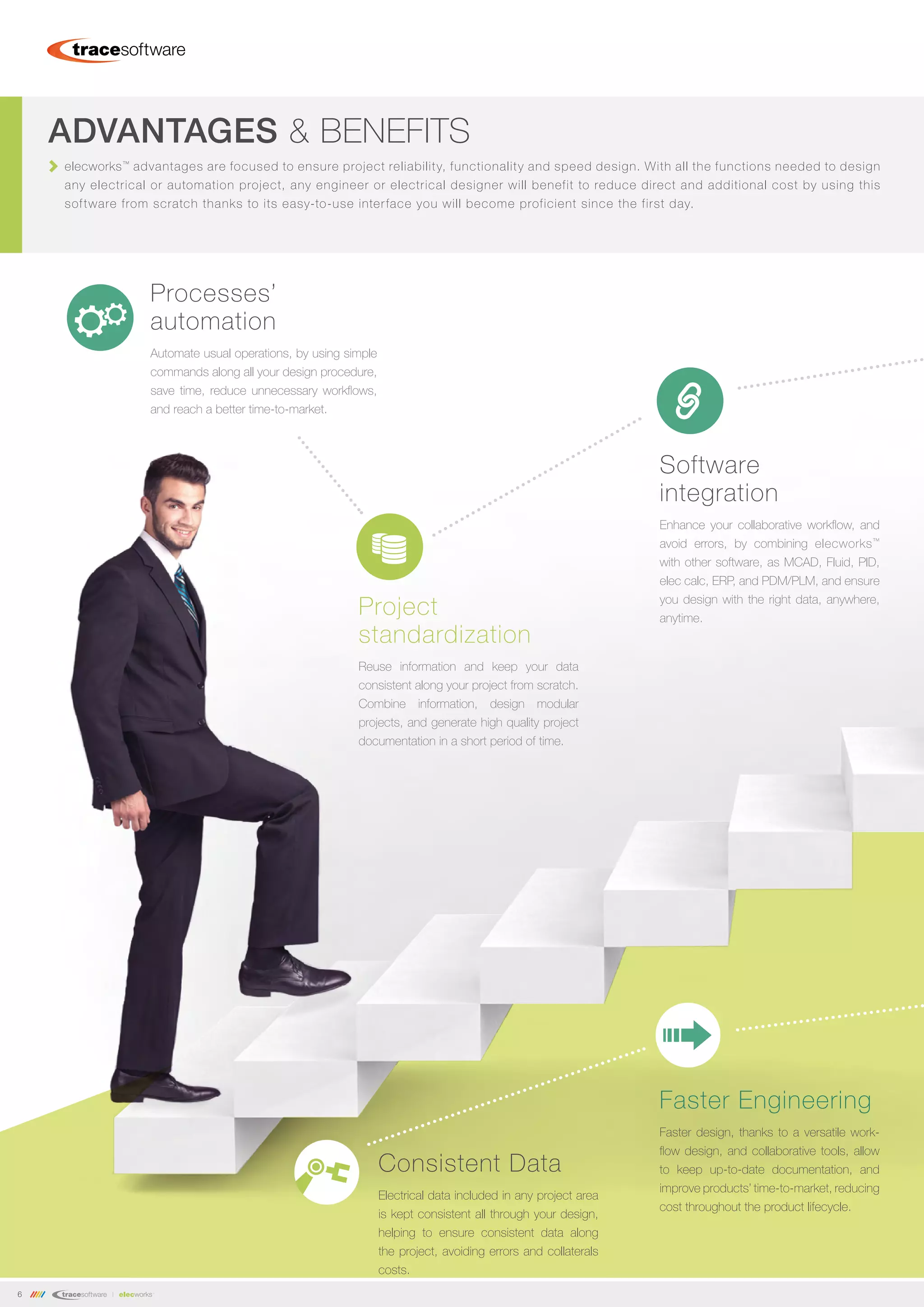 6
elecworks™
advantages are focused to ensure project reliability, functionality and speed design. With all the functions needed to design
any electrical or automation project, any engineer or electrical designer will benefit to reduce direct and additional cost by using this
software from scratch thanks to its easy-to-use interface you will become proficient since the first day.
ADVANTAGES & BENEFITS
Processes’
automation
Automate usual operations, by using simple
commands along all your design procedure,
save time, reduce unnecessary workflows,
and reach a better time-to-market.
Project
standardization
Reuse information and keep your data
consistent along your project from scratch.
Combine information, design modular
projects, and generate high quality project
documentation in a short period of time.
Software
integration
Enhance your collaborative workflow, and
avoid errors, by combining elecworks™
with other software, as MCAD, Fluid, PID,
elec calc, ERP, and PDM/PLM, and ensure
you design with the right data, anywhere,
anytime.
Consistent Data
Electrical data included in any project area
is kept consistent all through your design,
helping to ensure consistent data along
the project, avoiding errors and collaterals
costs.
Faster Engineering
Faster design, thanks to a versatile work-
flow design, and collaborative tools, allow
to keep up-to-date documentation, and
improve products’ time-to-market, reducing
cost throughout the product lifecycle.
 