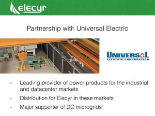 OUR
M
A
RKET
Sources: GTM Research, Deloitte, Bloomberg Finance, EIA
Countries with a two year
payback on an Elecyr
Daily Sun system
Emerging markets growing
faster than the US over
the next two years
Projected Residential Energy Storage Market ($ Milllions)
US CARIBBEAN/LATIN AMERICA
0
300
600
900
1200
2016 2017 2018 2019 2020
 