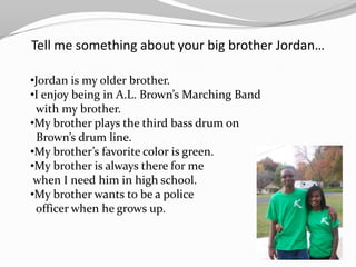 Tell me something about your big brother Jordan…

•Jordan is my older brother.
•I enjoy being in A.L. Brown’s Marching Band
 with my brother.
•My brother plays the third bass drum on
 Brown’s drum line.
•My brother’s favorite color is green.
•My brother is always there for me
 when I need him in high school.
•My brother wants to be a police
 officer when he grows up.
 