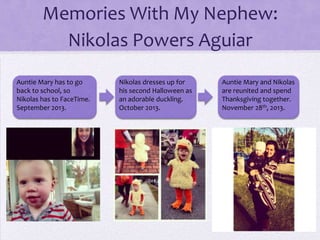 Memories With My Nephew:
Nikolas Powers Aguiar
Auntie Mary has to go
back to school, so
Nikolas has to FaceTime.
September 2013.

Nikolas dresses up for
his second Halloween as
an adorable duckling.
October 2013.

Auntie Mary and Nikolas
are reunited and spend
Thanksgiving together.
November 28th, 2013.

 