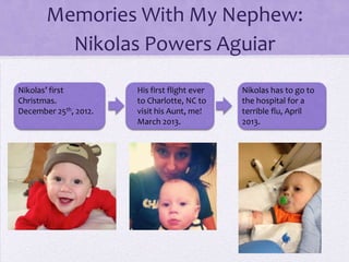 Memories With My Nephew:
Nikolas Powers Aguiar
Nikolas’ first
Christmas.
December 25th, 2012.

His first flight ever
to Charlotte, NC to
visit his Aunt, me!
March 2013.

Nikolas has to go to
the hospital for a
terrible flu, April
2013.

 