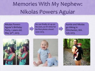 Memories With My Nephew:
Nikolas Powers Aguiar
Nikolas Powers
Aguiar’s Birthday
Party, 1 years old.
May 30th, 2013.

He can finally sit up on
his own, so it’s time for
his first photo shoot!
June 2013.

Auntie and Nikolas
go Hiking in
Winchester, MA.
July 2013.

 