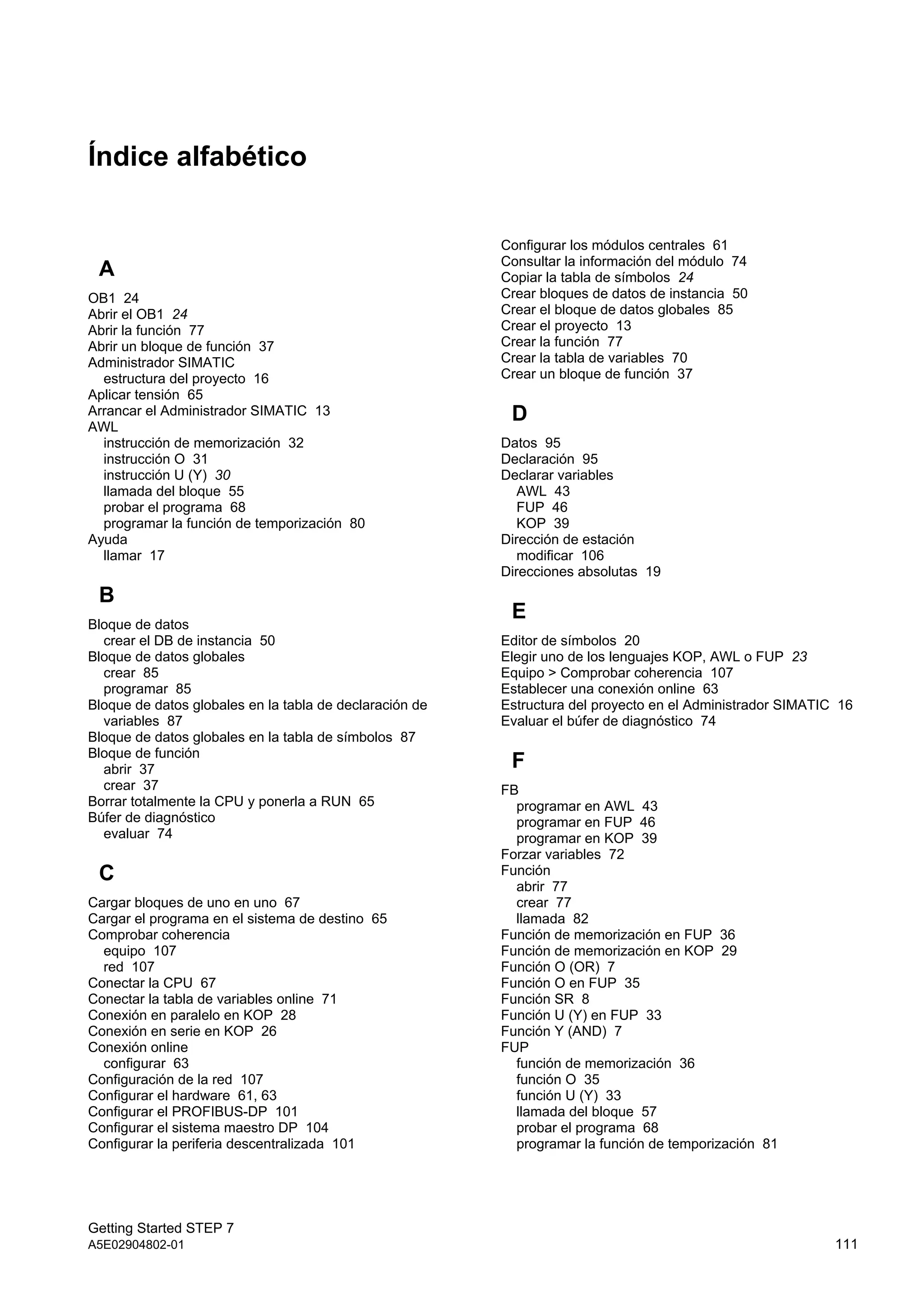 Getting Started STEP 7
A5E02904802-01 111
Índice alfabético
A
OB1 24
Abrir el OB1 24
Abrir la función 77
Abrir un bloque de función 37
Administrador SIMATIC
estructura del proyecto 16
Aplicar tensión 65
Arrancar el Administrador SIMATIC 13
AWL
instrucción de memorización 32
instrucción O 31
instrucción U (Y) 30
llamada del bloque 55
probar el programa 68
programar la función de temporización 80
Ayuda
llamar 17
B
Bloque de datos
crear el DB de instancia 50
Bloque de datos globales
crear 85
programar 85
Bloque de datos globales en la tabla de declaración de
variables 87
Bloque de datos globales en la tabla de símbolos 87
Bloque de función
abrir 37
crear 37
Borrar totalmente la CPU y ponerla a RUN 65
Búfer de diagnóstico
evaluar 74
C
Cargar bloques de uno en uno 67
Cargar el programa en el sistema de destino 65
Comprobar coherencia
equipo 107
red 107
Conectar la CPU 67
Conectar la tabla de variables online 71
Conexión en paralelo en KOP 28
Conexión en serie en KOP 26
Conexión online
configurar 63
Configuración de la red 107
Configurar el hardware 61, 63
Configurar el PROFIBUS-DP 101
Configurar el sistema maestro DP 104
Configurar la periferia descentralizada 101
Configurar los módulos centrales 61
Consultar la información del módulo 74
Copiar la tabla de símbolos 24
Crear bloques de datos de instancia 50
Crear el bloque de datos globales 85
Crear el proyecto 13
Crear la función 77
Crear la tabla de variables 70
Crear un bloque de función 37
D
Datos 95
Declaración 95
Declarar variables
AWL 43
FUP 46
KOP 39
Dirección de estación
modificar 106
Direcciones absolutas 19
E
Editor de símbolos 20
Elegir uno de los lenguajes KOP, AWL o FUP 23
Equipo > Comprobar coherencia 107
Establecer una conexión online 63
Estructura del proyecto en el Administrador SIMATIC 16
Evaluar el búfer de diagnóstico 74
F
FB
programar en AWL 43
programar en FUP 46
programar en KOP 39
Forzar variables 72
Función
abrir 77
crear 77
llamada 82
Función de memorización en FUP 36
Función de memorización en KOP 29
Función O (OR) 7
Función O en FUP 35
Función SR 8
Función U (Y) en FUP 33
Función Y (AND) 7
FUP
función de memorización 36
función O 35
función U (Y) 33
llamada del bloque 57
probar el programa 68
programar la función de temporización 81
 