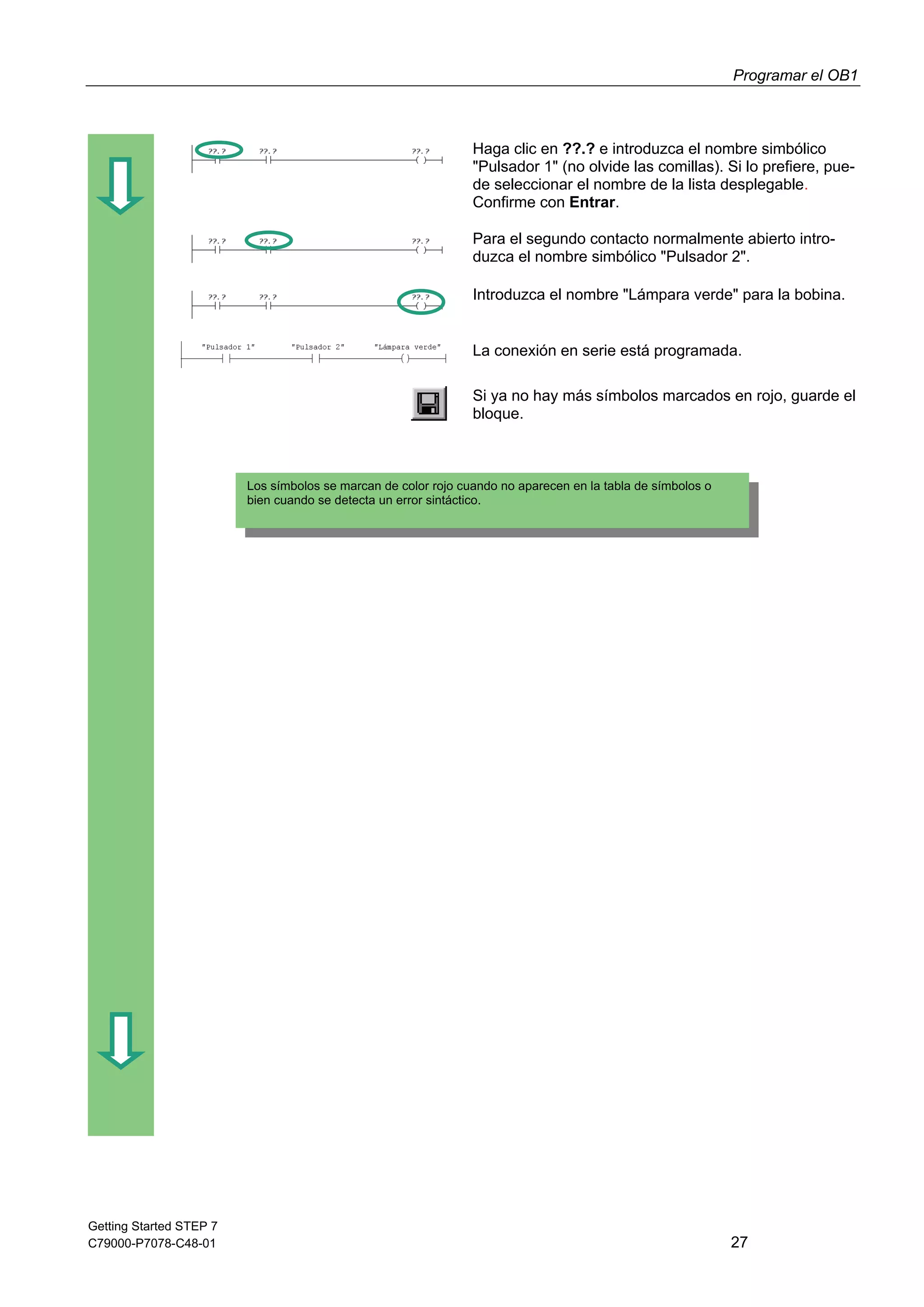 Programar el OB1
Getting Started STEP 7
C79000-P7078-C48-01 27
Haga clic en ??.? e introduzca el nombre simbólico
"Pulsador 1" (no olvide las comillas). Si lo prefiere, pue-
de seleccionar el nombre de la lista desplegable.
Confirme con Entrar.
Para el segundo contacto normalmente abierto intro-
duzca el nombre simbólico "Pulsador 2".
Introduzca el nombre "Lámpara verde" para la bobina.
La conexión en serie está programada.
Si ya no hay más símbolos marcados en rojo, guarde el
bloque.
Los símbolos se marcan de color rojo cuando no aparecen en la tabla de símbolos o
bien cuando se detecta un error sintáctico.
 
