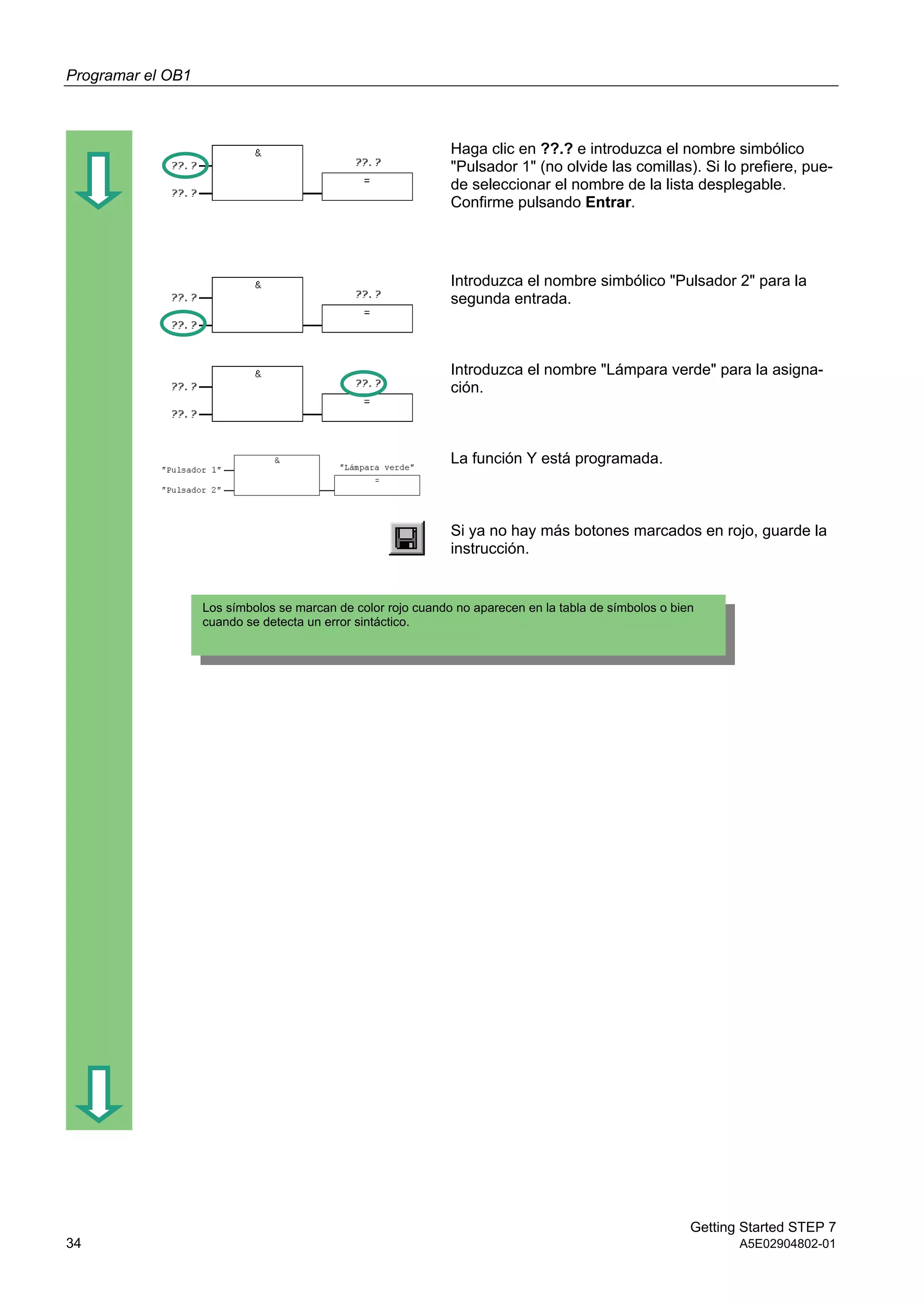 Programar el OB1
Getting Started STEP 7
34 A5E02904802-01
Haga clic en ??.? e introduzca el nombre simbólico
"Pulsador 1" (no olvide las comillas). Si lo prefiere, pue-
de seleccionar el nombre de la lista desplegable.
Confirme pulsando Entrar.
Introduzca el nombre simbólico "Pulsador 2" para la
segunda entrada.
Introduzca el nombre "Lámpara verde" para la asigna-
ción.
La función Y está programada.
Si ya no hay más botones marcados en rojo, guarde la
instrucción.
Los símbolos se marcan de color rojo cuando no aparecen en la tabla de símbolos o bien
cuando se detecta un error sintáctico.
 