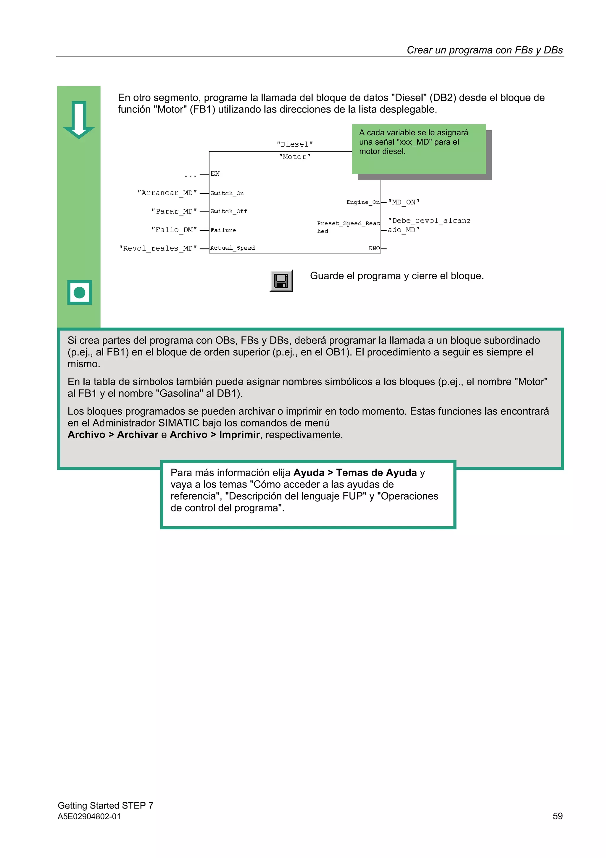 Crear un programa con FBs y DBs
Getting Started STEP 7
A5E02904802-01 59
En otro segmento, programe la llamada del bloque de datos "Diesel" (DB2) desde el bloque de
función "Motor" (FB1) utilizando las direcciones de la lista desplegable.
Guarde el programa y cierre el bloque.
Si crea partes del programa con OBs, FBs y DBs, deberá programar la llamada a un bloque subordinado
(p.ej., al FB1) en el bloque de orden superior (p.ej., en el OB1). El procedimiento a seguir es siempre el
mismo.
En la tabla de símbolos también puede asignar nombres simbólicos a los bloques (p.ej., el nombre "Motor"
al FB1 y el nombre "Gasolina" al DB1).
Los bloques programados se pueden archivar o imprimir en todo momento. Estas funciones las encontrará
en el Administrador SIMATIC bajo los comandos de menú
Archivo > Archivar e Archivo > Imprimir, respectivamente.
Para más información elija Ayuda > Temas de Ayuda y
vaya a los temas "Cómo acceder a las ayudas de
referencia", "Descripción del lenguaje FUP" y "Operaciones
de control del programa".
A cada variable se le asignará
una señal "xxx_MD" para el
motor diesel.
 