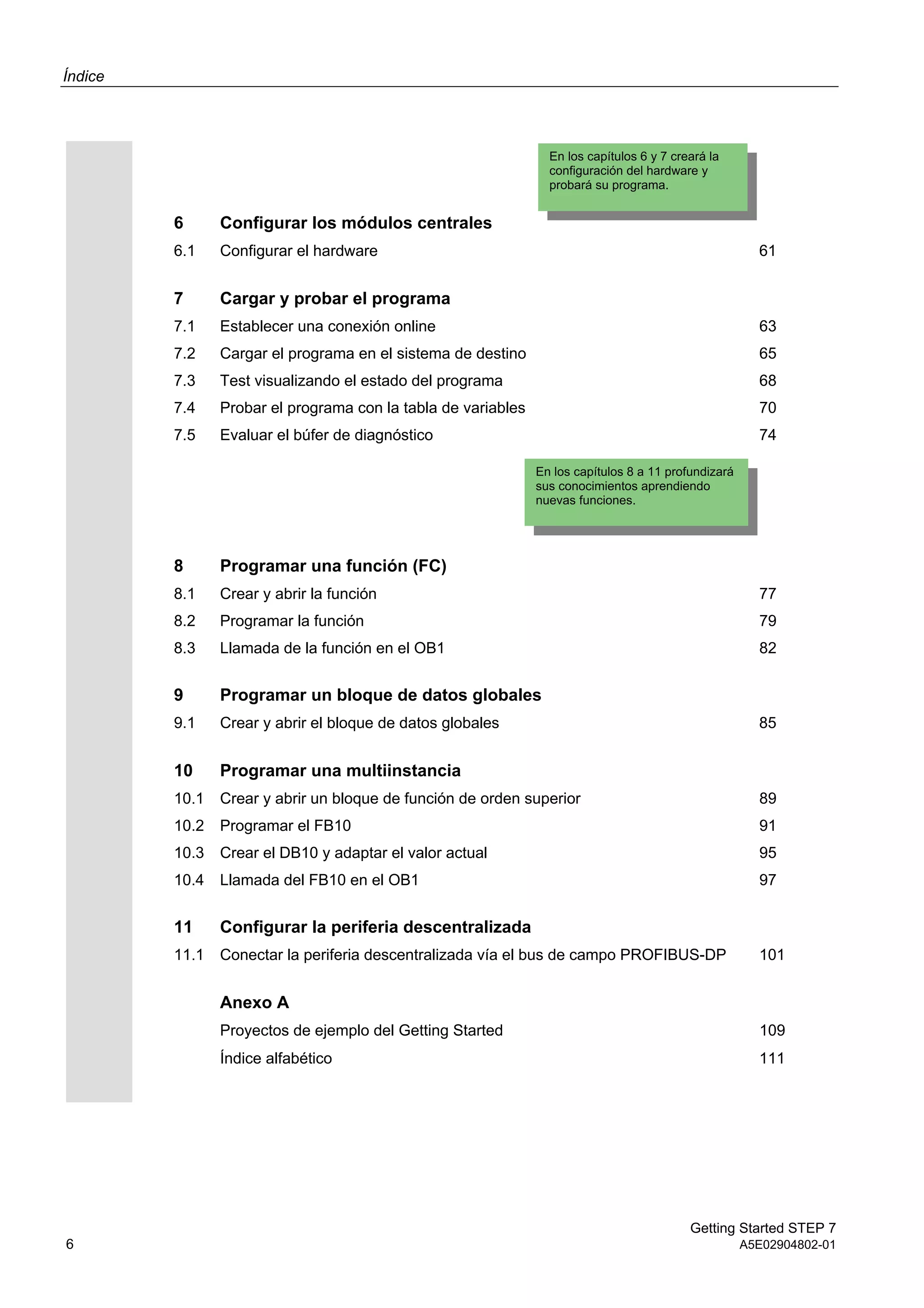 Índice
Getting Started STEP 7
6 A5E02904802-01
6 Configurar los módulos centrales
6.1 Configurar el hardware 61
7 Cargar y probar el programa
7.1
7.2
7.3
7.4
7.5
Establecer una conexión online
Cargar el programa en el sistema de destino
Test visualizando el estado del programa
Probar el programa con la tabla de variables
Evaluar el búfer de diagnóstico
63
65
68
70
74
8 Programar una función (FC)
8.1
8.2
8.3
Crear y abrir la función
Programar la función
Llamada de la función en el OB1
77
79
82
9 Programar un bloque de datos globales
9.1 Crear y abrir el bloque de datos globales 85
10 Programar una multiinstancia
10.1
10.2
10.3
10.4
Crear y abrir un bloque de función de orden superior
Programar el FB10
Crear el DB10 y adaptar el valor actual
Llamada del FB10 en el OB1
89
91
95
97
11 Configurar la periferia descentralizada
11.1 Conectar la periferia descentralizada vía el bus de campo PROFIBUS-DP 101
Anexo A
Proyectos de ejemplo del Getting Started 109
Índice alfabético 111
En los capítulos 8 a 11 profundizará
sus conocimientos aprendiendo
nuevas funciones.
En los capítulos 6 y 7 creará la
configuración del hardware y
probará su programa.
 