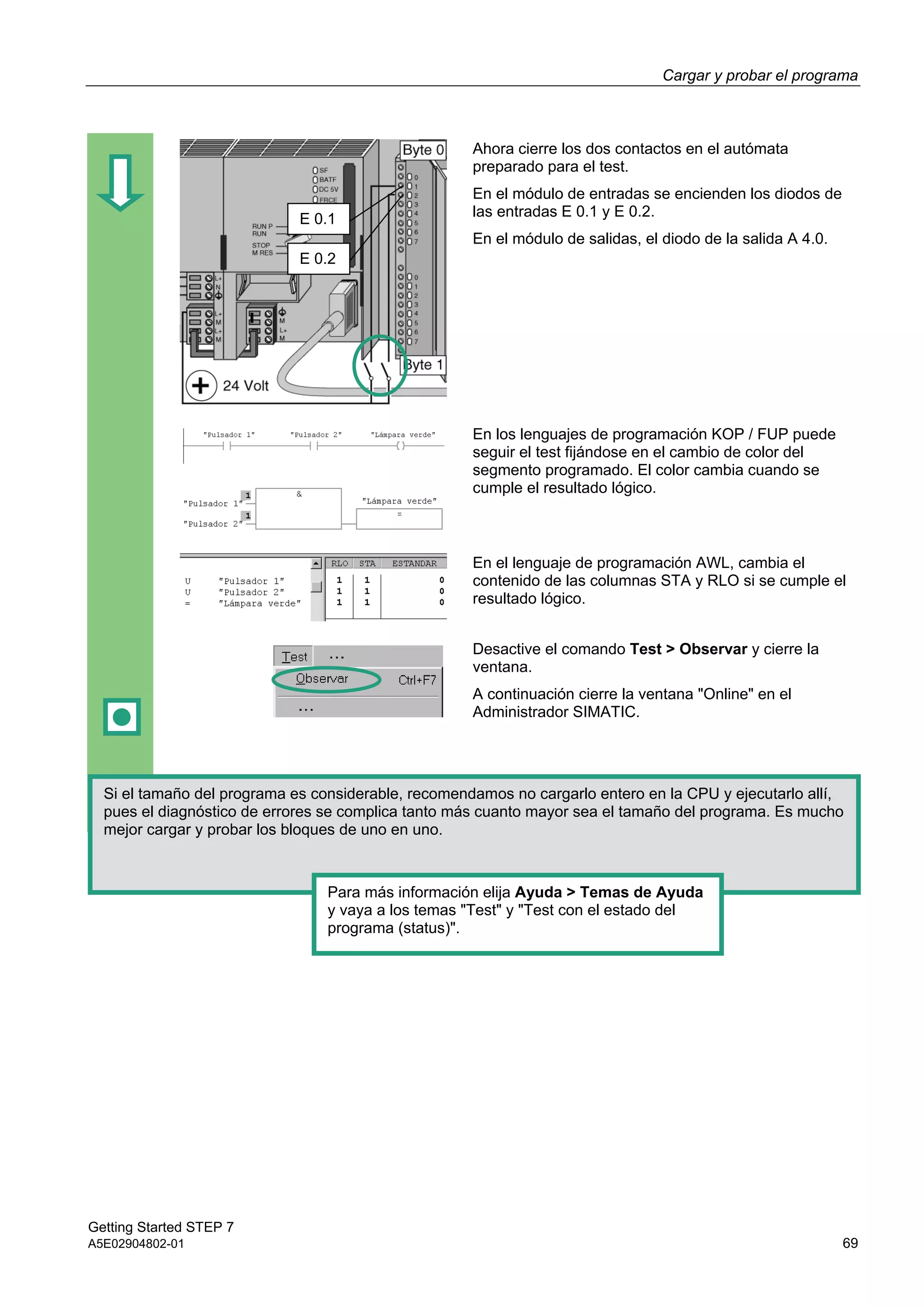 Cargar y probar el programa
Getting Started STEP 7
A5E02904802-01 69
Ahora cierre los dos contactos en el autómata
preparado para el test.
En el módulo de entradas se encienden los diodos de
las entradas E 0.1 y E 0.2.
En el módulo de salidas, el diodo de la salida A 4.0.
En los lenguajes de programación KOP / FUP puede
seguir el test fijándose en el cambio de color del
segmento programado. El color cambia cuando se
cumple el resultado lógico.
En el lenguaje de programación AWL, cambia el
contenido de las columnas STA y RLO si se cumple el
resultado lógico.
Desactive el comando Test > Observar y cierre la
ventana.
A continuación cierre la ventana "Online" en el
Administrador SIMATIC.
Si el tamaño del programa es considerable, recomendamos no cargarlo entero en la CPU y ejecutarlo allí,
pues el diagnóstico de errores se complica tanto más cuanto mayor sea el tamaño del programa. Es mucho
mejor cargar y probar los bloques de uno en uno.
Para más información elija Ayuda > Temas de Ayuda
y vaya a los temas "Test" y "Test con el estado del
programa (status)".
E 0.1
E 0.2
 
