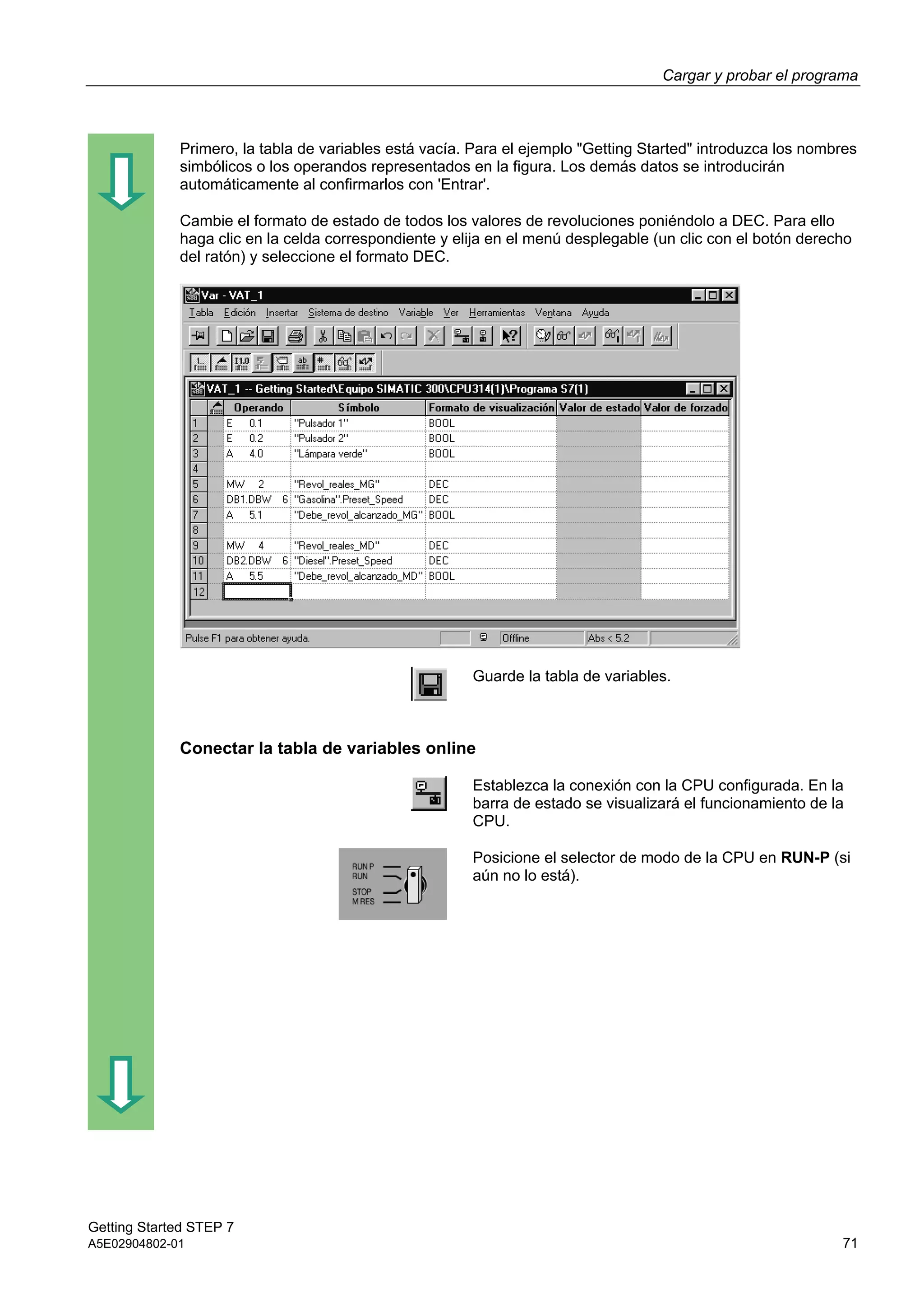 Cargar y probar el programa
Getting Started STEP 7
A5E02904802-01 71
Primero, la tabla de variables está vacía. Para el ejemplo "Getting Started" introduzca los nombres
simbólicos o los operandos representados en la figura. Los demás datos se introducirán
automáticamente al confirmarlos con 'Entrar'.
Cambie el formato de estado de todos los valores de revoluciones poniéndolo a DEC. Para ello
haga clic en la celda correspondiente y elija en el menú desplegable (un clic con el botón derecho
del ratón) y seleccione el formato DEC.
Guarde la tabla de variables.
Conectar la tabla de variables online
Establezca la conexión con la CPU configurada. En la
barra de estado se visualizará el funcionamiento de la
CPU.
Posicione el selector de modo de la CPU en RUN-P (si
aún no lo está).
 