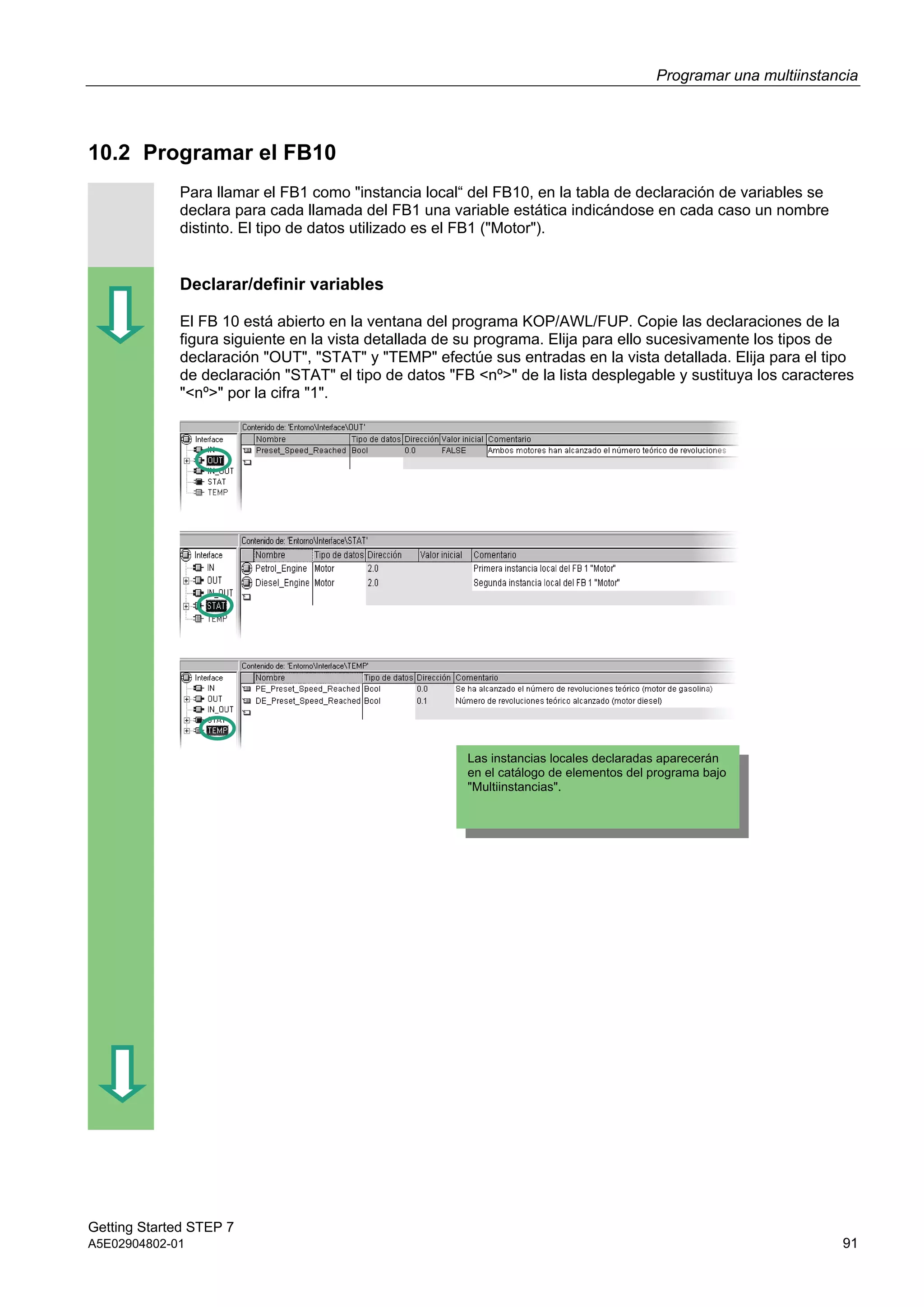 Programar una multiinstancia
Getting Started STEP 7
A5E02904802-01 91
10.2 Programar el FB10
Para llamar el FB1 como "instancia local“ del FB10, en la tabla de declaración de variables se
declara para cada llamada del FB1 una variable estática indicándose en cada caso un nombre
distinto. El tipo de datos utilizado es el FB1 ("Motor").
Declarar/definir variables
El FB 10 está abierto en la ventana del programa KOP/AWL/FUP. Copie las declaraciones de la
figura siguiente en la vista detallada de su programa. Elija para ello sucesivamente los tipos de
declaración "OUT", "STAT" y "TEMP" efectúe sus entradas en la vista detallada. Elija para el tipo
de declaración "STAT" el tipo de datos "FB <nº>" de la lista desplegable y sustituya los caracteres
"<nº>" por la cifra "1".
Las instancias locales declaradas aparecerán
en el catálogo de elementos del programa bajo
"Multiinstancias".
 