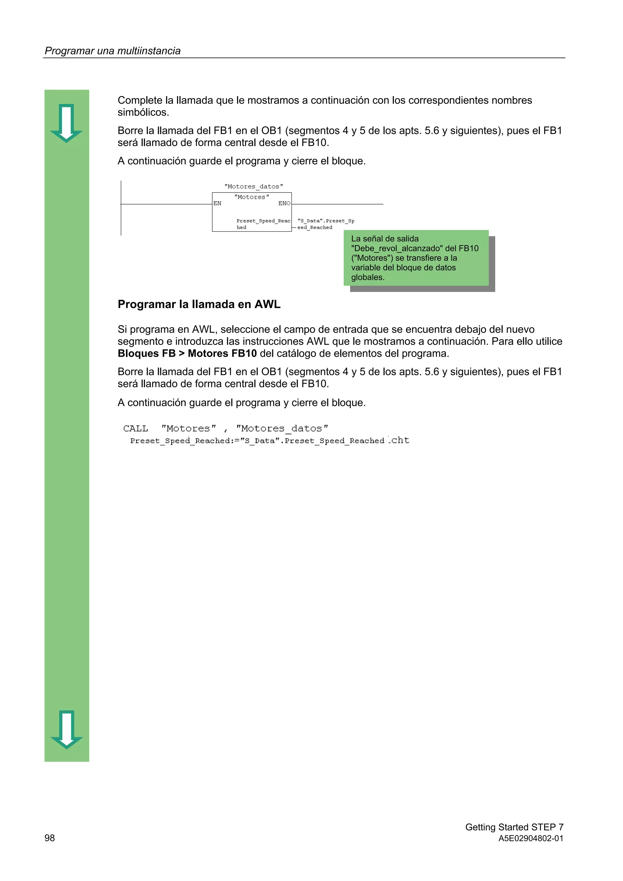 Programar una multiinstancia
Getting Started STEP 7
98 A5E02904802-01
Complete la llamada que le mostramos a continuación con los correspondientes nombres
simbólicos.
Borre la llamada del FB1 en el OB1 (segmentos 4 y 5 de los apts. 5.6 y siguientes), pues el FB1
será llamado de forma central desde el FB10.
A continuación guarde el programa y cierre el bloque.
Programar la llamada en AWL
Si programa en AWL, seleccione el campo de entrada que se encuentra debajo del nuevo
segmento e introduzca las instrucciones AWL que le mostramos a continuación. Para ello utilice
Bloques FB > Motores FB10 del catálogo de elementos del programa.
Borre la llamada del FB1 en el OB1 (segmentos 4 y 5 de los apts. 5.6 y siguientes), pues el FB1
será llamado de forma central desde el FB10.
A continuación guarde el programa y cierre el bloque.
La señal de salida
"Debe_revol_alcanzado" del FB10
("Motores") se transfiere a la
variable del bloque de datos
globales.
 