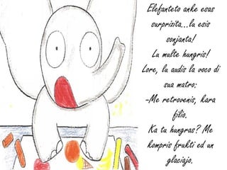 Elefanteto anke esas
   surprizita…lu esis
        sonjanta!
   Lu multe hungris!
Lore, lu audis la voco di
       sua matro:
 -Me retrovenis, kara
          filio.
  Ka tu hungras? Me
  kompris frukti ed un
        glaciajo.
 