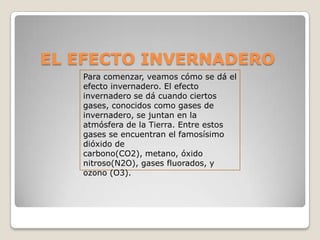 EL EFECTO INVERNADERO
   Para comenzar, veamos cómo se dá el
   efecto invernadero. El efecto
   invernadero se dá cuando ciertos
   gases, conocidos como gases de
   invernadero, se juntan en la
   atmósfera de la Tierra. Entre estos
   gases se encuentran el famosísimo
   dióxido de
   carbono(CO2), metano, óxido
   nitroso(N2O), gases fluorados, y
   ozono (O3).
 