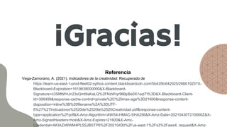 ¡Gracias!
Referencia
Vega-Zamorano, A. (2021). Indicadores de la creatividad. Recuperado de
https://learn-us-east-1-prod-fleet02-xythos.content.blackboardcdn.com/5b435fc642025/26601925?X-
Blackboard-Expiration=1619838000000&X-Blackboard-
Signature=c3SMtWrUn23xQmt9aKaLQ%2FNzWryr9liBpBe0X1eqI7I%3D&X-Blackboard-Client-
Id=306499&response-cache-control=private%2C%20max-age%3D21600&response-content-
disposition=inline%3B%20filename%2A%3DUTF-
8%27%27Indicadores%2520de%2520la%2520Creatividad.pdf&response-content-
type=application%2Fpdf&X-Amz-Algorithm=AWS4-HMAC-SHA256&X-Amz-Date=20210430T210000Z&X-
Amz-SignedHeaders=host&X-Amz-Expires=21600&X-Amz-
Credential=AKIAZH6WM4PL5SJBSTP6%2F20210430%2Fus-east-1%2Fs3%2Faws4_request&X-Amz-
 