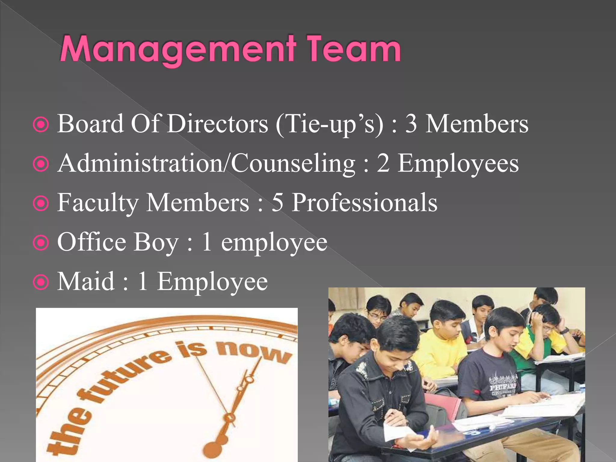  Board Of Directors (Tie-up’s) : 3 Members
 Administration/Counseling : 2 Employees
 Faculty Members : 5 Professionals
 Office Boy : 1 employee
 Maid : 1 Employee
 