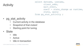 © 2018, Amazon Web Services, Inc. or its Affiliates. All rights reserved.
Activity
• pg_stat_activity
• Current activity in the database
• Snapshot of that instant
• Starting point for tuning
• State
• Idle
• Active
• Idle in transaction
select datname, usename,
client_addr,
wait_event,
now() - state_change as runtime,
state, query
from pg_stat_activity ;
 